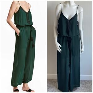 H&M Forest Green Embroidered Belted Tassel Wide Leg Jumpsuit US 12 NWT